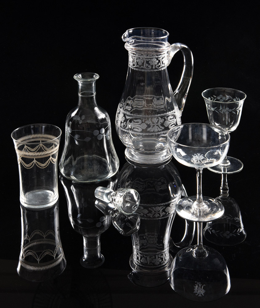 Etched Glassware, estate of the late Dr Jamshed J Bhabha