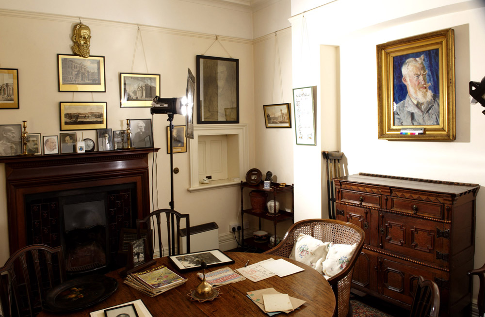 Photography set up in Dining Room of Shaw Corner, with Augustus John's painting of Shaw